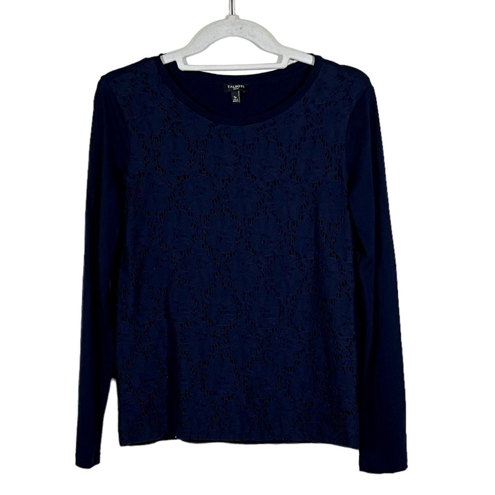 Talbots - Women's Petite Size S - Dark Blue Lace Floral Patern Top - Long Sleeve